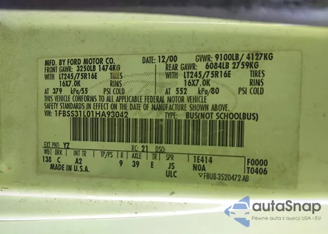 2001 Ford E-350 Super Duty Xl/Xlt from USA, damaged, VIN 1FBSS31L01HA93042